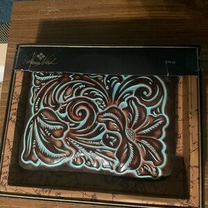Patricia Nash small purse -tooled leather - brown & turquoise- suede interior